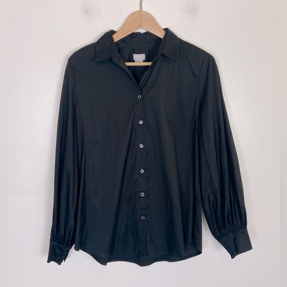 Chico's Button Down Shirt Size 1 US 8 Black Stretch‎ Puff Sleeve Preppy Classic